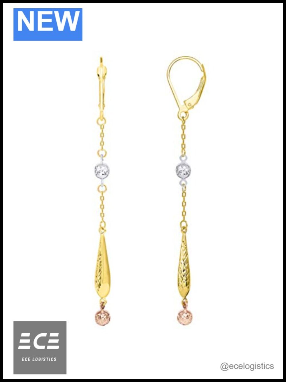 14k Tri Color Gold Teardrop Dangle Drop Earrings Lever Back